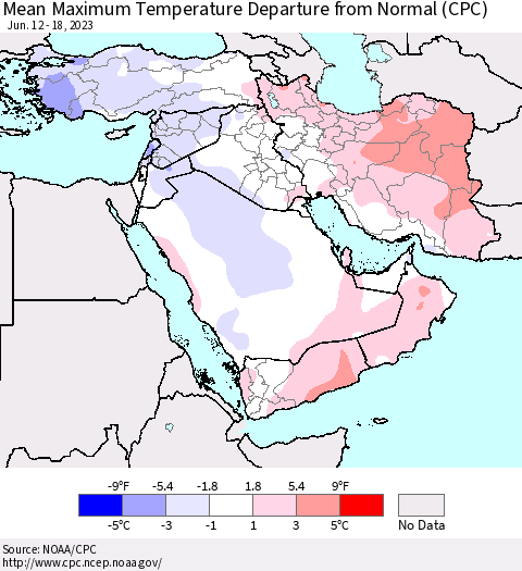 Middle East and Turkey Mean Maximum Temperature Departure from Normal (CPC) Thematic Map For 6/12/2023 - 6/18/2023