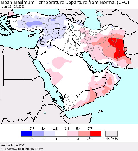 Middle East and Turkey Mean Maximum Temperature Departure from Normal (CPC) Thematic Map For 6/19/2023 - 6/25/2023