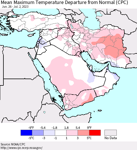 Middle East and Turkey Mean Maximum Temperature Departure from Normal (CPC) Thematic Map For 6/26/2023 - 7/2/2023
