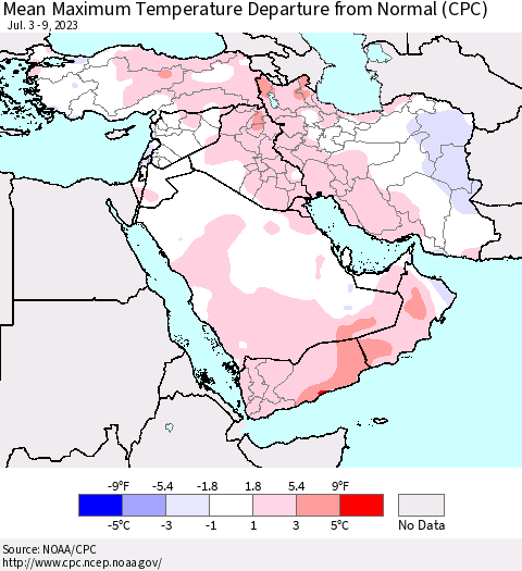 Middle East and Turkey Mean Maximum Temperature Departure from Normal (CPC) Thematic Map For 7/3/2023 - 7/9/2023