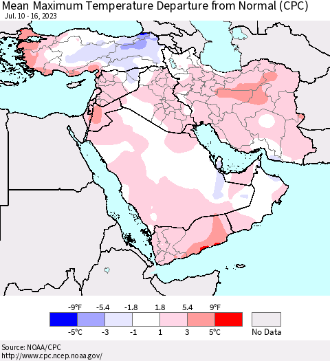Middle East and Turkey Mean Maximum Temperature Departure from Normal (CPC) Thematic Map For 7/10/2023 - 7/16/2023