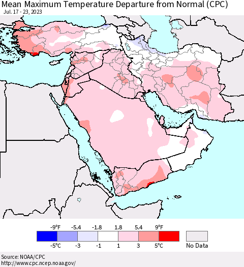 Middle East and Turkey Mean Maximum Temperature Departure from Normal (CPC) Thematic Map For 7/17/2023 - 7/23/2023