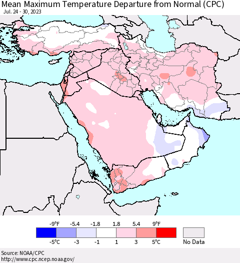 Middle East and Turkey Mean Maximum Temperature Departure from Normal (CPC) Thematic Map For 7/24/2023 - 7/30/2023
