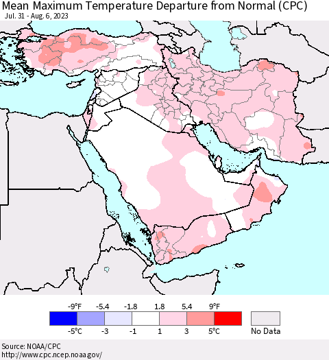 Middle East and Turkey Mean Maximum Temperature Departure from Normal (CPC) Thematic Map For 7/31/2023 - 8/6/2023