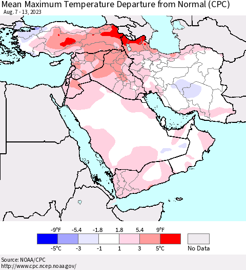 Middle East and Turkey Mean Maximum Temperature Departure from Normal (CPC) Thematic Map For 8/7/2023 - 8/13/2023