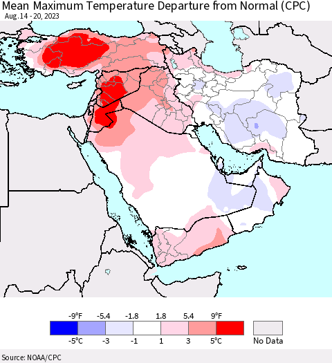 Middle East and Turkey Mean Maximum Temperature Departure from Normal (CPC) Thematic Map For 8/14/2023 - 8/20/2023