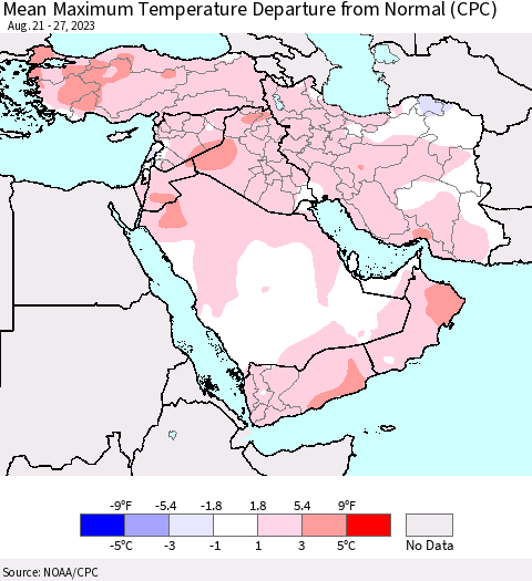 Middle East and Turkey Mean Maximum Temperature Departure from Normal (CPC) Thematic Map For 8/21/2023 - 8/27/2023