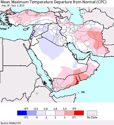 Middle East and Turkey Mean Maximum Temperature Departure from Normal (CPC) Thematic Map For 8/28/2023 - 9/3/2023