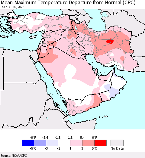 Middle East and Turkey Mean Maximum Temperature Departure from Normal (CPC) Thematic Map For 9/4/2023 - 9/10/2023