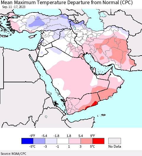 Middle East and Turkey Mean Maximum Temperature Departure from Normal (CPC) Thematic Map For 9/11/2023 - 9/17/2023