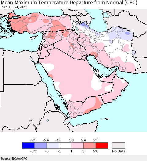 Middle East and Turkey Mean Maximum Temperature Departure from Normal (CPC) Thematic Map For 9/18/2023 - 9/24/2023