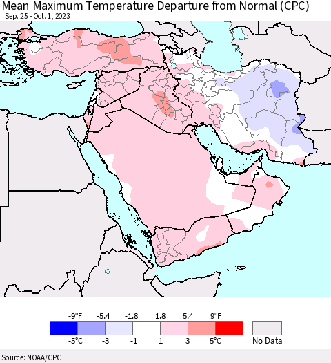 Middle East and Turkey Mean Maximum Temperature Departure from Normal (CPC) Thematic Map For 9/25/2023 - 10/1/2023