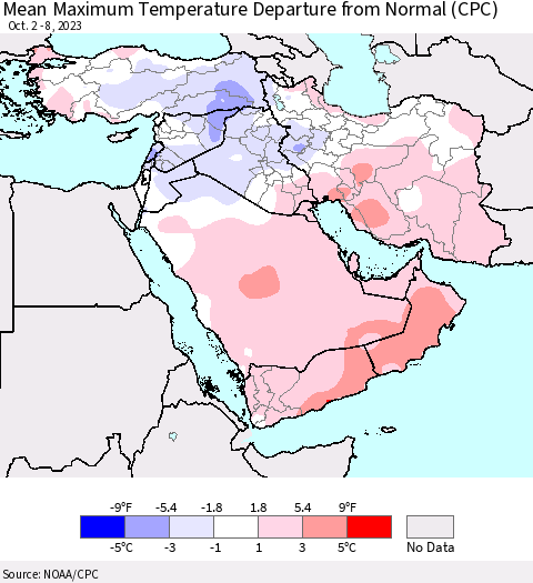 Middle East and Turkey Mean Maximum Temperature Departure from Normal (CPC) Thematic Map For 10/2/2023 - 10/8/2023
