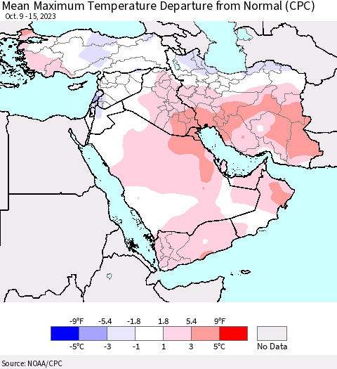 Middle East and Turkey Mean Maximum Temperature Departure from Normal (CPC) Thematic Map For 10/9/2023 - 10/15/2023
