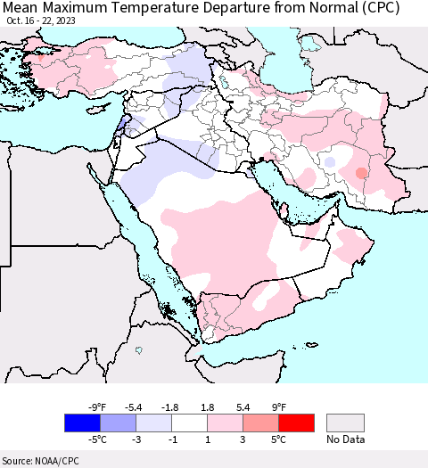 Middle East and Turkey Mean Maximum Temperature Departure from Normal (CPC) Thematic Map For 10/16/2023 - 10/22/2023