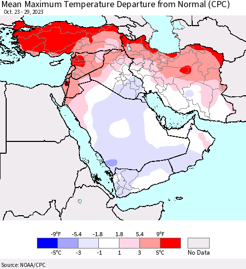 Middle East and Turkey Mean Maximum Temperature Departure from Normal (CPC) Thematic Map For 10/23/2023 - 10/29/2023