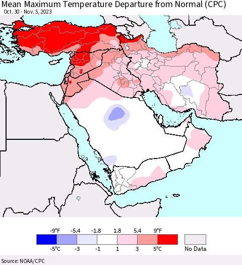 Middle East and Turkey Mean Maximum Temperature Departure from Normal (CPC) Thematic Map For 10/30/2023 - 11/5/2023