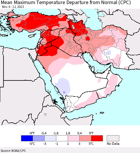 Middle East and Turkey Mean Maximum Temperature Departure from Normal (CPC) Thematic Map For 11/6/2023 - 11/12/2023