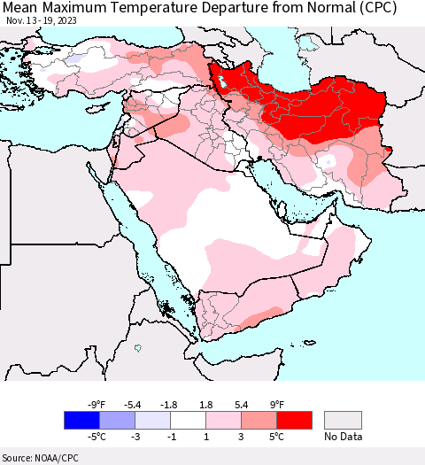 Middle East and Turkey Mean Maximum Temperature Departure from Normal (CPC) Thematic Map For 11/13/2023 - 11/19/2023