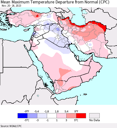 Middle East and Turkey Mean Maximum Temperature Departure from Normal (CPC) Thematic Map For 11/20/2023 - 11/26/2023