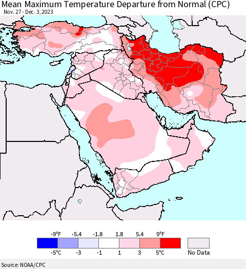 Middle East and Turkey Mean Maximum Temperature Departure from Normal (CPC) Thematic Map For 11/27/2023 - 12/3/2023