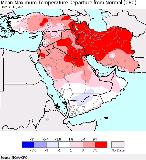 Middle East and Turkey Mean Maximum Temperature Departure from Normal (CPC) Thematic Map For 12/4/2023 - 12/10/2023