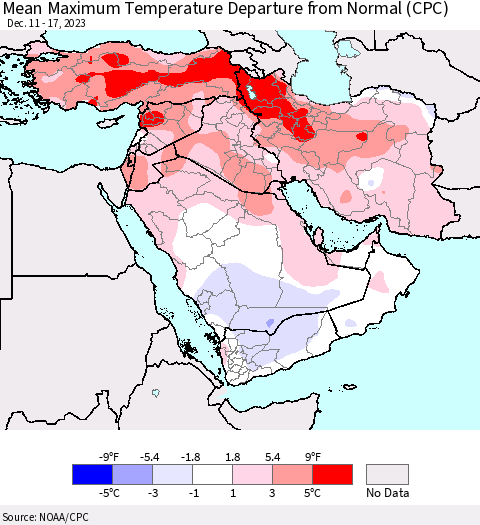 Middle East and Turkey Mean Maximum Temperature Departure from Normal (CPC) Thematic Map For 12/11/2023 - 12/17/2023