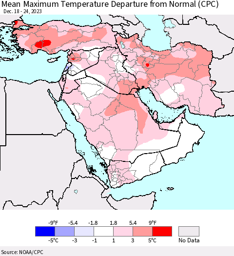 Middle East and Turkey Mean Maximum Temperature Departure from Normal (CPC) Thematic Map For 12/18/2023 - 12/24/2023