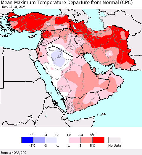 Middle East and Turkey Mean Maximum Temperature Departure from Normal (CPC) Thematic Map For 12/25/2023 - 12/31/2023