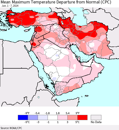 Middle East and Turkey Mean Maximum Temperature Departure from Normal (CPC) Thematic Map For 1/1/2024 - 1/7/2024