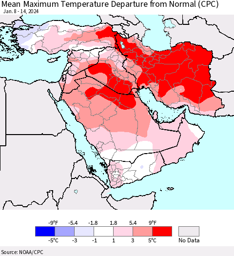 Middle East and Turkey Mean Maximum Temperature Departure from Normal (CPC) Thematic Map For 1/8/2024 - 1/14/2024