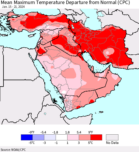 Middle East and Turkey Mean Maximum Temperature Departure from Normal (CPC) Thematic Map For 1/15/2024 - 1/21/2024