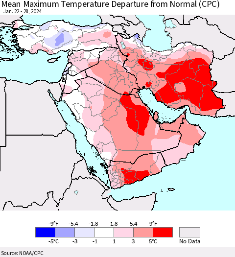 Middle East and Turkey Mean Maximum Temperature Departure from Normal (CPC) Thematic Map For 1/22/2024 - 1/28/2024