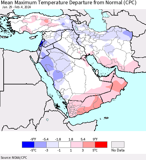Middle East and Turkey Mean Maximum Temperature Departure from Normal (CPC) Thematic Map For 1/29/2024 - 2/4/2024