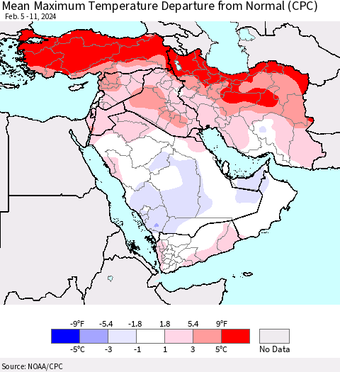Middle East and Turkey Mean Maximum Temperature Departure from Normal (CPC) Thematic Map For 2/5/2024 - 2/11/2024