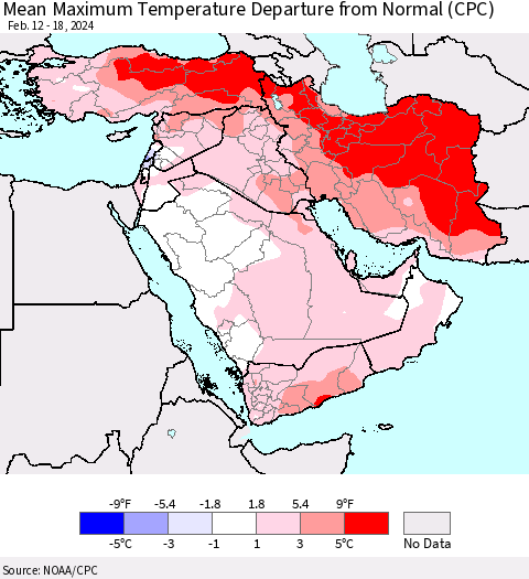 Middle East and Turkey Mean Maximum Temperature Departure from Normal (CPC) Thematic Map For 2/12/2024 - 2/18/2024