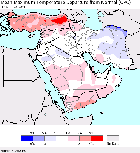Middle East and Turkey Mean Maximum Temperature Departure from Normal (CPC) Thematic Map For 2/19/2024 - 2/25/2024