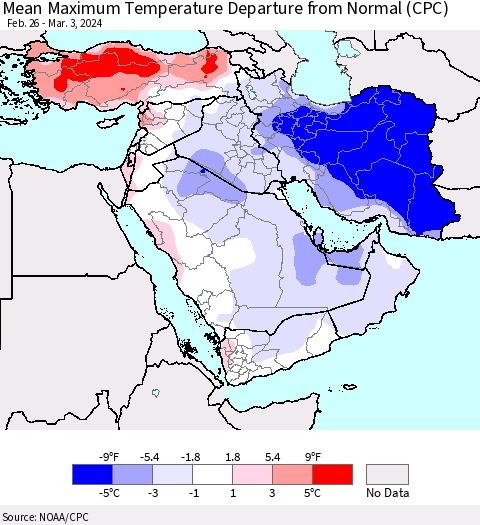 Middle East and Turkey Mean Maximum Temperature Departure from Normal (CPC) Thematic Map For 2/26/2024 - 3/3/2024