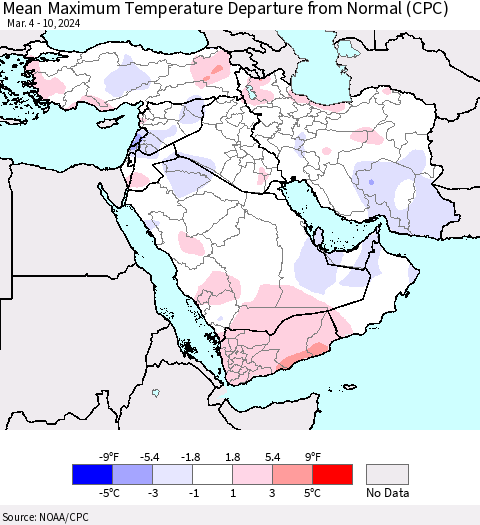 Middle East and Turkey Mean Maximum Temperature Departure from Normal (CPC) Thematic Map For 3/4/2024 - 3/10/2024