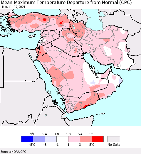 Middle East and Turkey Mean Maximum Temperature Departure from Normal (CPC) Thematic Map For 3/11/2024 - 3/17/2024