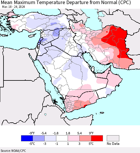 Middle East and Turkey Mean Maximum Temperature Departure from Normal (CPC) Thematic Map For 3/18/2024 - 3/24/2024