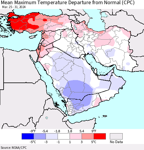 Middle East and Turkey Mean Maximum Temperature Departure from Normal (CPC) Thematic Map For 3/25/2024 - 3/31/2024
