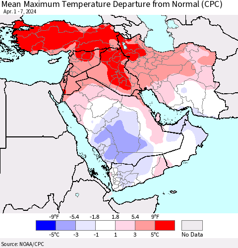 Middle East and Turkey Mean Maximum Temperature Departure from Normal (CPC) Thematic Map For 4/1/2024 - 4/7/2024