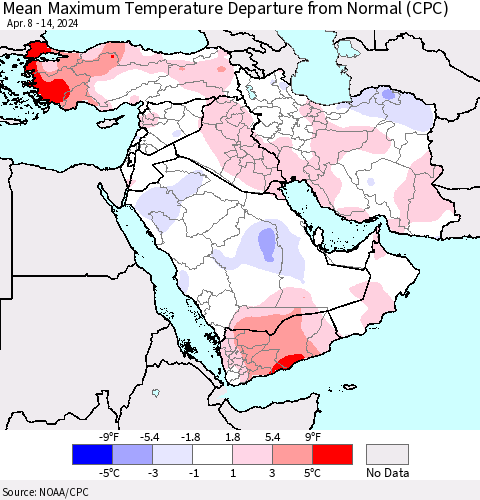 Middle East and Turkey Mean Maximum Temperature Departure from Normal (CPC) Thematic Map For 4/8/2024 - 4/14/2024