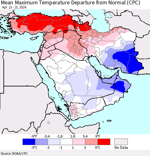 Middle East and Turkey Mean Maximum Temperature Departure from Normal (CPC) Thematic Map For 4/15/2024 - 4/21/2024