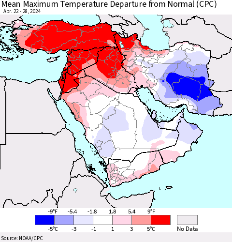 Middle East and Turkey Mean Maximum Temperature Departure from Normal (CPC) Thematic Map For 4/22/2024 - 4/28/2024