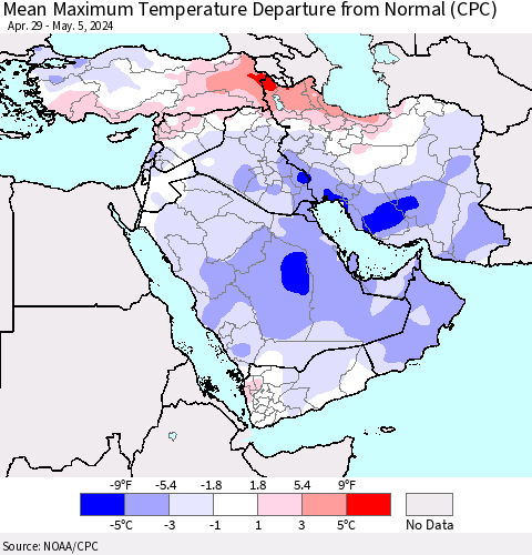 Middle East and Turkey Mean Maximum Temperature Departure from Normal (CPC) Thematic Map For 4/29/2024 - 5/5/2024