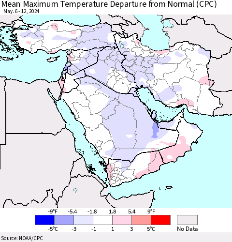 Middle East and Turkey Mean Maximum Temperature Departure from Normal (CPC) Thematic Map For 5/6/2024 - 5/12/2024