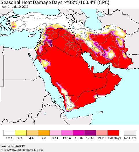 Middle East and Turkey Seasonal Heat Damage Days >=38°C/100°F (CPC) Thematic Map For 4/1/2019 - 7/10/2019