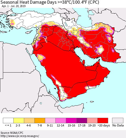 Middle East and Turkey Seasonal Heat Damage Days >=38°C/100°F (CPC) Thematic Map For 4/1/2019 - 7/20/2019